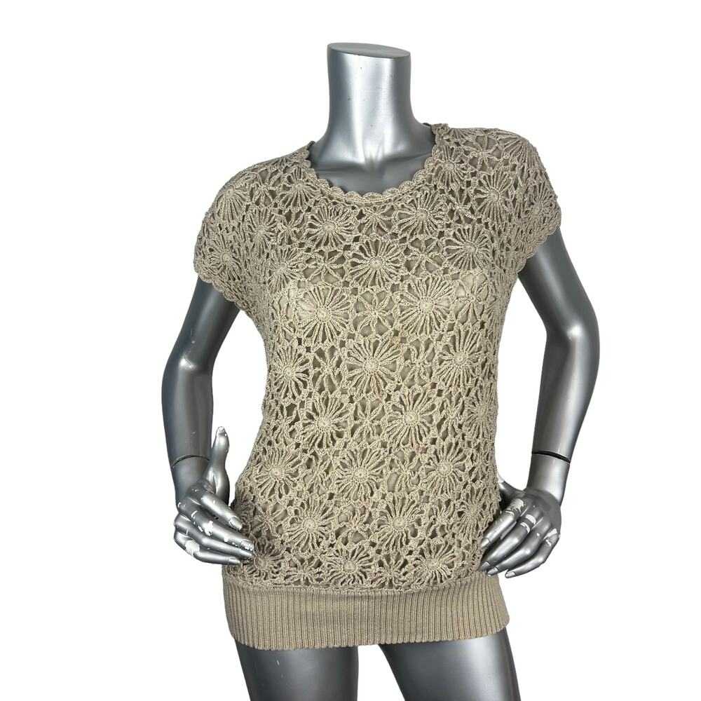 Joseph A. Crochet Sweater Tan Short Sleeve Floral Boho Sz XL